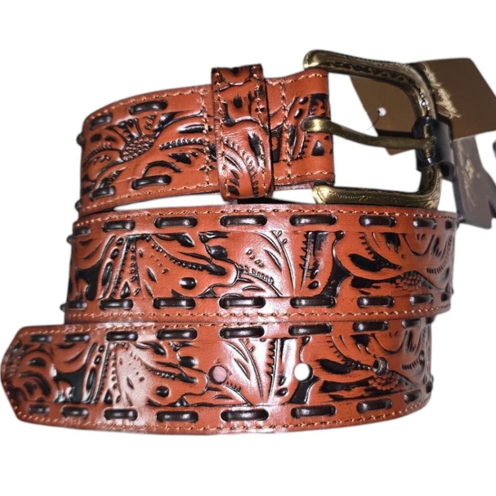 Patricia Nash Amelia Tan‎ Tooled Leather Whipstitch Western Belt Small NWT